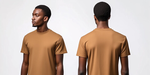 Sticker - front and back view, african male model wearing plain brown t-shirt, mockup, isolated on white background, Ai generated images