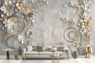 Wall Mural - 3d mural illustration light gray background with golden jewelry and flowers with silhouettes of dandelions , pearl , butterfly , green branches circles decorative wallpaper 