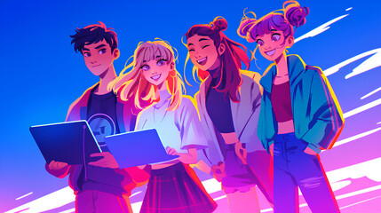 young campus people cool trendy clothes carrying laptops. Anime style