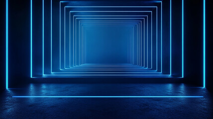 Poster - A futuristic corridor illuminated by blue neon lights in a darkened space, creating an immersive and vibrant atmosphere
