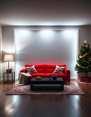 Wall Mural - mockup white blank frame, red sofa, white walls, living room, decorated with Christmas decor, Christmas tree, wooden coffee table