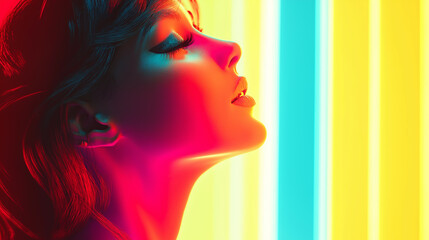 Wall Mural - Colorful abstract portrait of a woman, featuring bold and vibrant hues against a neon-striped background.