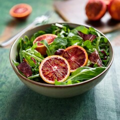 Close-up of vibrant salad bowl with blood oranges and leafy greens highlighting food as natural medicine and health-focused nutrition

