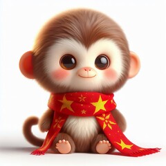 cute 3d fluffy monkey character with red vietnamese style scarf, white background