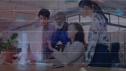 Poster - Animated financial data and stock market trends over diverse business team in office