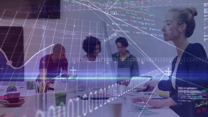 Poster - Processing financial data animation, diverse team in business meeting in office