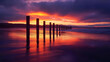 © HQAsset - Stunning Sunset Over the Ocean with Wooden Posts