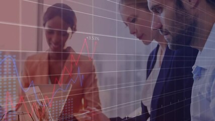 Poster - Financial data and graphs animation over business people working in office