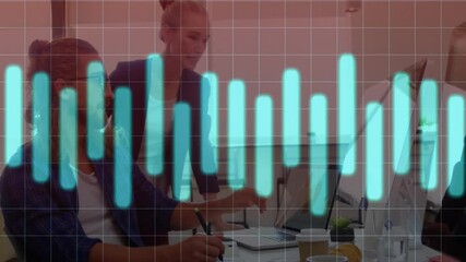 Poster - Business people working on laptops with bar chart animation over grid background