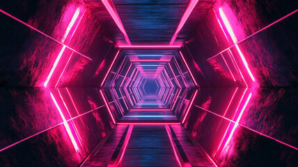 Poster - A vibrant neon tunnel illuminated with pink lights creates an immersive atmosphere in a futuristic setting at night