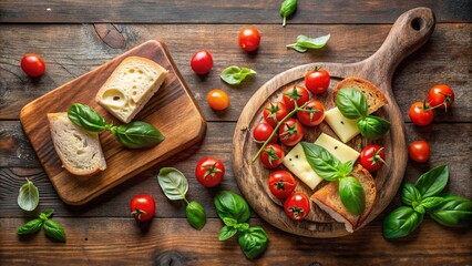 Cutting board with tomatoes, cheese, basil, and bread for a fresh and delicious snack