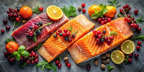 Fresh salmon fillets with grapes, oranges, and berries on a rustic grey background