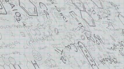 Poster - Mathematical equations and scientific diagrams animation over grid paper background