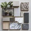 © Multi Universe  - simple design mood board with textures and colors. Modern. Chrome. Brass. Black wood. Rift white oak. Concrete. Marble. Modern planter. Modern plant. Modern pattern tile