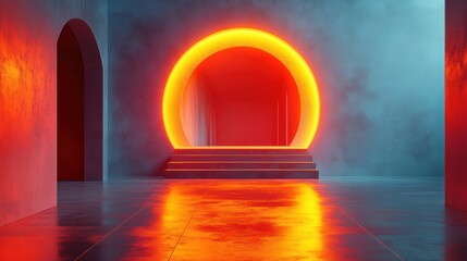 Canvas Print - 3D rendering of a minimalist abstract geometric background with a glowing rounded hole in the dark wall illuminated by warm orange light.