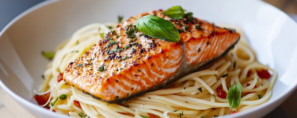 A gourmet dish featuring perfectly cooked spaghetti topped with a tender, grilled salmon fillet