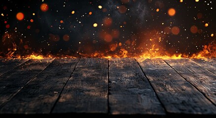 Dark background with a wooden table and flickering fire flames. Abstract burning backdrop for product display, tabletop, wood surface, dark brown.