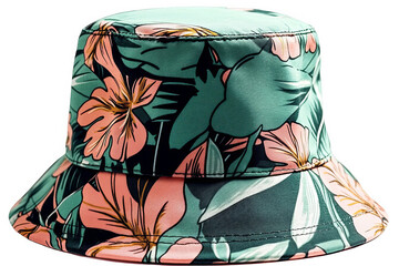 Wall Mural - A green bucket hat with a tropical floral pattern.