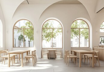 Modern minimalist-style cafe interior design with light wood and white colors․