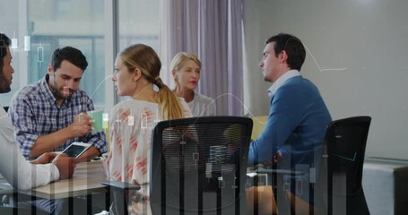 Poster - Financial data processing animation over diverse business people in office meeting