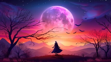 Wall Mural - Halloween Witch Silhouette Against Pink Moon and Mountains