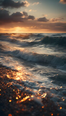 Wall Mural - A close-up view of a wave at sunset, with sunlight reflecting off the water's surface. The colors are warm, showcasing shades of orange and blue, creating a serene and dynamic ocean scene.