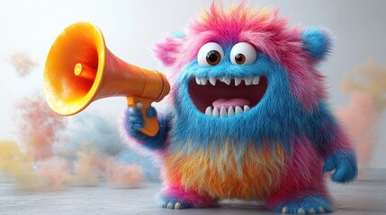 Wall Mural - Colorful hairy yeti cartoon character holds a megaphone, funny furry toy mockup isolated on a white background for a 3D news concept.