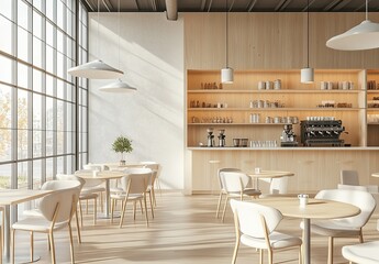 Modern minimalist-style cafe interior design with light wood and white colors․