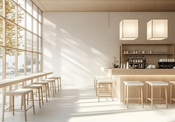 Modern minimalist-style cafe interior design with light wood and white colors․