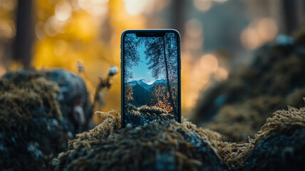 A smartphone surrounded by moss displays a breathtaking view of mountains and forests during autumn in a serene wilderness setting