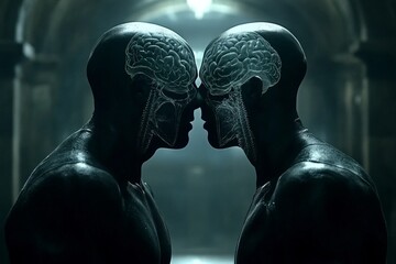 Wall Mural - Reasoning Love Futuristic image of two cybernetic beings with glowing brains facing each other depicting a confrontation of intellect and power in a dark high tech setting