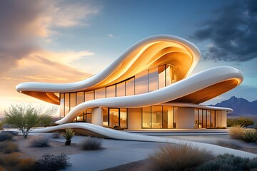 modern futuristic house with curvy architecture and desert landscape.