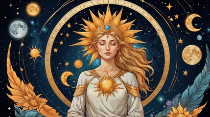 Magical banner for astrology, celestial alchemy. Heavenly art for the zodiac, tarot, device of the universe, crescent moon and a person with a sun around their head	