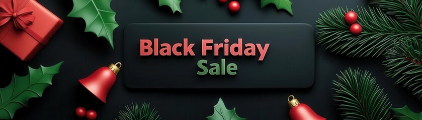 Wall Mural - Black Friday sale sign with Christmas bells and holly, festive seasonal discount, 3D illustration