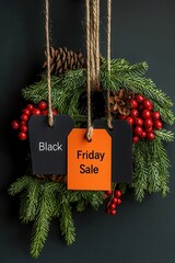 Wall Mural - Christmas wreath with Black Friday sale tag hanging in the center, festive shopping deal, 3D illustration