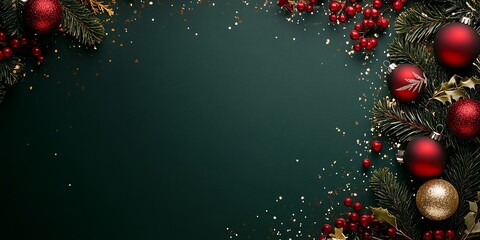 christmas cheer on emerald green: a festive frame of red and gold ornaments, pine branches, and spar