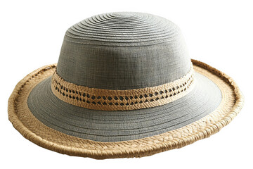 A light blue sun hat with a tan band and trim.