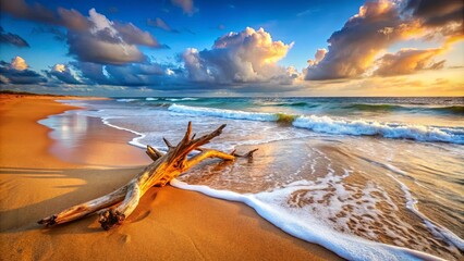 Scenic beach landscape with waves crashing onto sand revealing orange driftwood submerged in water