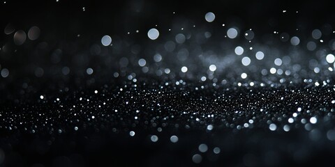 Diamond Dust on Black Velvet: A captivating abstract of shimmering silver particles scattered across a luxurious black background, reminiscent of a starry night sky. light overlay..