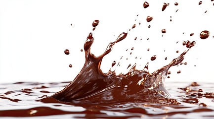 Verify the splashing effect of chocolate liquid on a white background. 