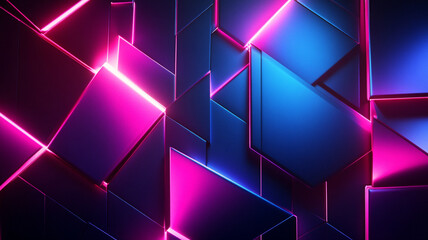Poster - Vibrant geometric illustration featuring abstract shapes illuminated by neon pink and blue lights in a dynamic arrangement