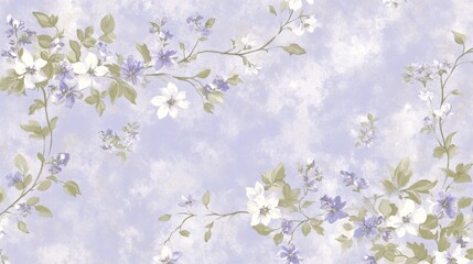 Wall Mural - A classic North American wallpaper featuring a soft, pale lavender background with delicate floral patterns in shades of blue and green. The design is concentrated along the top and bottom edges,