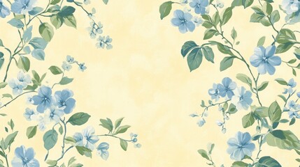 Wall Mural - A classic North American wallpaper featuring a soft, pale yellow background with delicate floral patterns in shades of blue and green. The design is concentrated along the top and bottom edges,