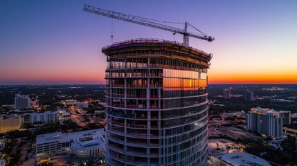 A construction site of a high-rise building at sunset with a crane overhead.