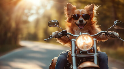 A Dog Wearing Sunglasses Rides a Motorcycle Down a Country Road, Enjoying the Open Road with the Wind in its Fur