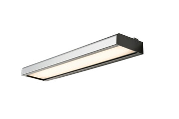Wall Mural - a modern, rectangular, silver light fixture with a white light source, mounted on a white transparen