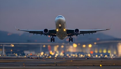 Airplane departure from the ground, flying up in the air on an airport during the evening or night, front view photography. Commercial aircraft flight transport, takeoff or landing