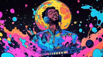 Black man playing synthesizer with headphones on. This man is singing with a smile. This man is looking straight ahead in the middle of the image. wearing a colorful pattern suit. blue and pink.