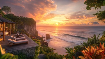 A cinematic view of the sunset over an ocean cliff, overlooking the water and beach in Bali with luxury villas