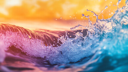 Vibrant waves crashing against the shore at sunset with colorful reflections illuminating the water's surface